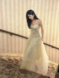 A Line Spaghetti Straps Tulle Chamapgne Ankle Length Evening Dress Prom Dresses SD2837