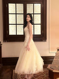 A Line Spaghetti Straps Tulle Chamapgne Ankle Length Evening Dress Prom Dresses SD2837