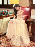 A Line Spaghetti Straps Tulle Chamapgne Ankle Length Evening Dress Prom Dresses SD2837