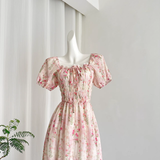 A line Strapless Short Sleeves Pink Floral Dress Long Holiday Dresses SD283