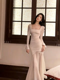 Mermaid Squere Neckline Satin Ankle Length Evening Dress Prom Dresses SD2841