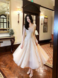 A line V Neckline Lace Ankle Length Evening Dress Prom Dresses SD2846