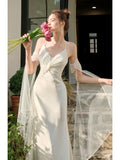 Mermaid Spaghetti Straps White Ankle Length Evening Dress Prom Dresses SD2853