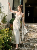 Mermaid Spaghetti Straps White Ankle Length Evening Dress Prom Dresses SD2853