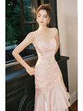 Mermaid Spaghetti Straps Long Length Blush Pink Evening Dress Prom Dresses SD2854 HZ0628