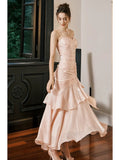 Mermaid Spaghetti Straps Long Length Blush Pink Evening Dress Prom Dresses SD2854 HZ0628