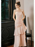 Mermaid Spaghetti Straps Long Length Blush Pink Evening Dress Prom Dresses SD2854 HZ0628