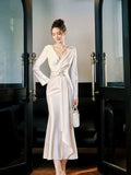 Mermaid V Neckline Satin Ankle Length Evening Dress Prom Dresses SD2858