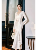 Mermaid V Neckline Satin Ankle Length Evening Dress Prom Dresses SD2858