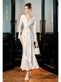 Mermaid V Neckline Satin Ankle Length Evening Dress Prom Dresses SD2858