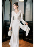 Mermaid V Neckline Satin Ankle Length Evening Dress Prom Dresses SD2858