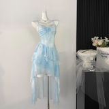High Low Spaghetti Straps Ice Blue Ombre Dress Beach Holiday Dresses SD285