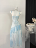 High Low Spaghetti Straps Ice Blue Ombre Dress Beach Holiday Dresses SD285