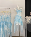 High Low Spaghetti Straps Ice Blue Ombre Dress Beach Holiday Dresses SD285