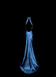 Mermaid Halter Neck Blue Satin Backless Prom Gown Fairy Prom Dresses SD2905 HZ0628