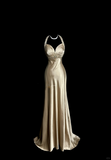 A line Halter Neckline Champagne Satin Prom Dress Ruffle Long Party Dress HZ0628