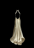 A line Halter Neckline Champagne Satin Prom Dress Ruffle Long Party Dress HZ0628