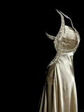 A line Halter Neckline Champagne Satin Prom Dress Ruffle Long Party Dress HZ0628
