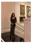 Sheath Square Neckline Long Sleeves Green Long Prom Dresses Birthday Dress SD290