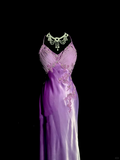 A line Halter Neckline Lilac Satin Prom Dress Ruffle Long Party Dress SD2910 HZ0628