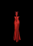 Mermaid Halter Neckline Red Satin Prom Dress Ruffle Long Party Dress SD2912 HZ0628