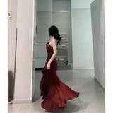 Mermaid Spaghetti Straps Burgundy Long Party Dresses Birthday Outfits SD2947