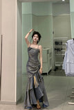 Mermaid Spaghetti Straps Gray Long Party Dresses Birthday Outfits SD2949