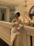 Mermaid Square Neckline Long Sleeves Slit Prom Dresses Birthday Outfits SD294
