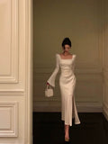 Mermaid Square Neckline Long Sleeves Slit Prom Dresses Birthday Outfits SD294