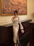 Mermaid Square Neckline Long Sleeves Slit Prom Dresses Birthday Outfits SD294