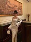 Mermaid Square Neckline Long Sleeves Slit Prom Dresses Birthday Outfits SD294