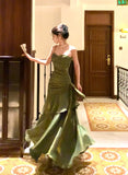 Green Mermaid Straps Long Satin Party Dress, Green Satin Evening Dress Prom Dress SD2952 HZ0628