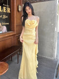 Yellow Halter Neck Floral Prom Gown Fairy Princess Prom Dress SD2955