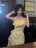 Yellow Halter Neck Floral Prom Gown Fairy Princess Prom Dress SD2955