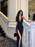 Mermaid V Neckline Backless Black Slit Prom Dresses Birthday Outfits SD295