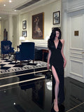Mermaid V Neckline Backless Black Slit Prom Dresses Birthday Outfits SD295