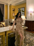 High Low Sweetheart Long Sleeves Floral Ruffles Chiffon Prom Dresses Birthday Outfits SD296