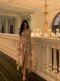 High Low Sweetheart Long Sleeves Floral Ruffles Chiffon Prom Dresses Birthday Outfits SD296