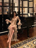 High Low Sweetheart Long Sleeves Floral Ruffles Chiffon Prom Dresses Birthday Outfits SD296