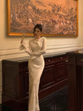 Sheath Scoop Long Sleeves Floral Ivory Silk Satin Long Prom Dresses Birthday Outfits SD297
