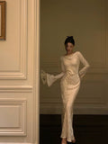 Sheath Scoop Long Sleeves Floral Ivory Silk Satin Long Prom Dresses Birthday Outfits SD297