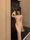 Sheath Scoop Long Sleeves Floral Ivory Silk Satin Long Prom Dresses Birthday Outfits SD297