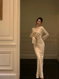 Sheath Scoop Long Sleeves Floral Ivory Silk Satin Long Prom Dresses Birthday Outfits SD297