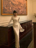 Sheath Scoop Long Sleeves Floral Ivory Silk Satin Long Prom Dresses Birthday Outfits SD297