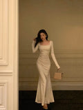 Mermaid Square Neckline Long Sleeves Long Prom Dresses Birthday Dress SD299