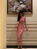 Sheath Pink Floral 2 Pieces Long Sleeves Prom Dresses Birthday Outfits SD309
