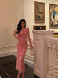 Sheath Pink Floral 2 Pieces Long Sleeves Prom Dresses Birthday Outfits SD309