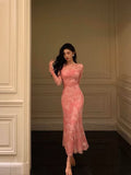 Sheath Pink Floral 2 Pieces Long Sleeves Prom Dresses Birthday Outfits SD309