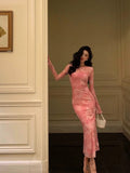 Sheath Pink Floral 2 Pieces Long Sleeves Prom Dresses Birthday Outfits SD309
