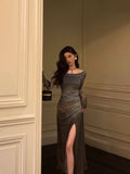 Sheath Floral 2 Pieces Long Sleeves Slit Prom Dresses Birthday Outfits SD311